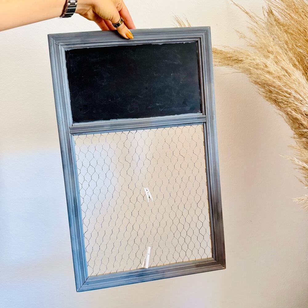 VINTAGE Rustic Black Chalboard Washed Grey Gray Wood Chicken Wire Wall Art Board